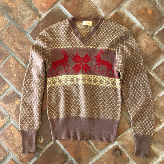 1940s Sanco Reindeer V-Neck Sweater -XS