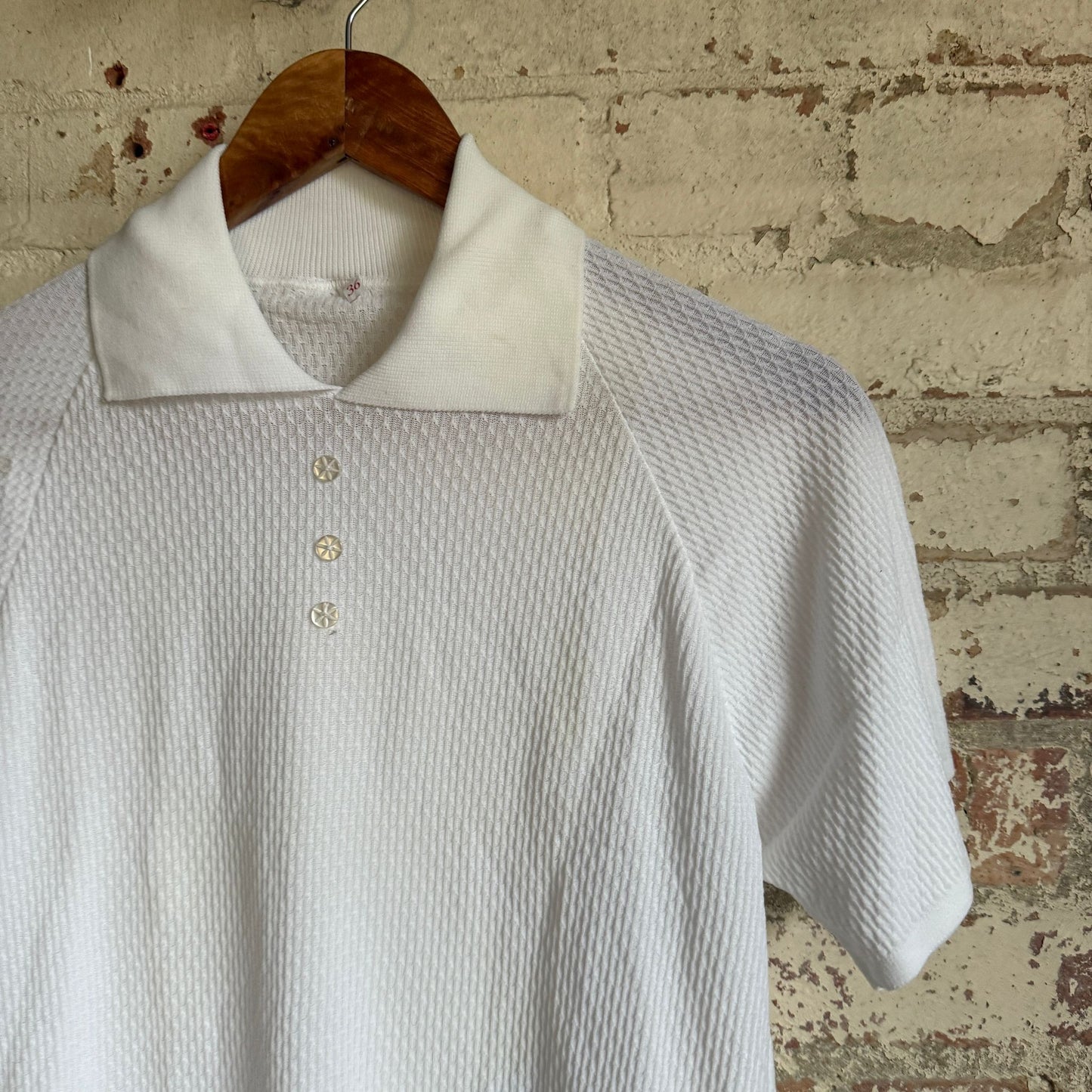 1970s White Textured Knitted Polo Shirt Top