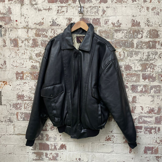 Vintage 1980s 1990s Black Leather Flight Bomber Jacket Coat