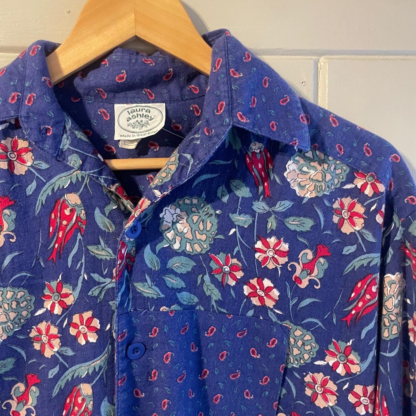 1980s Laura Ashley Blue Floral Print Shirt Dress
