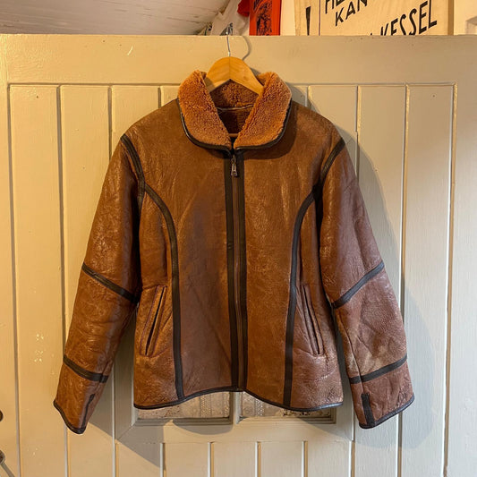 1980s Brown Leather Shearling Sheepskin Flight Jacket Coat