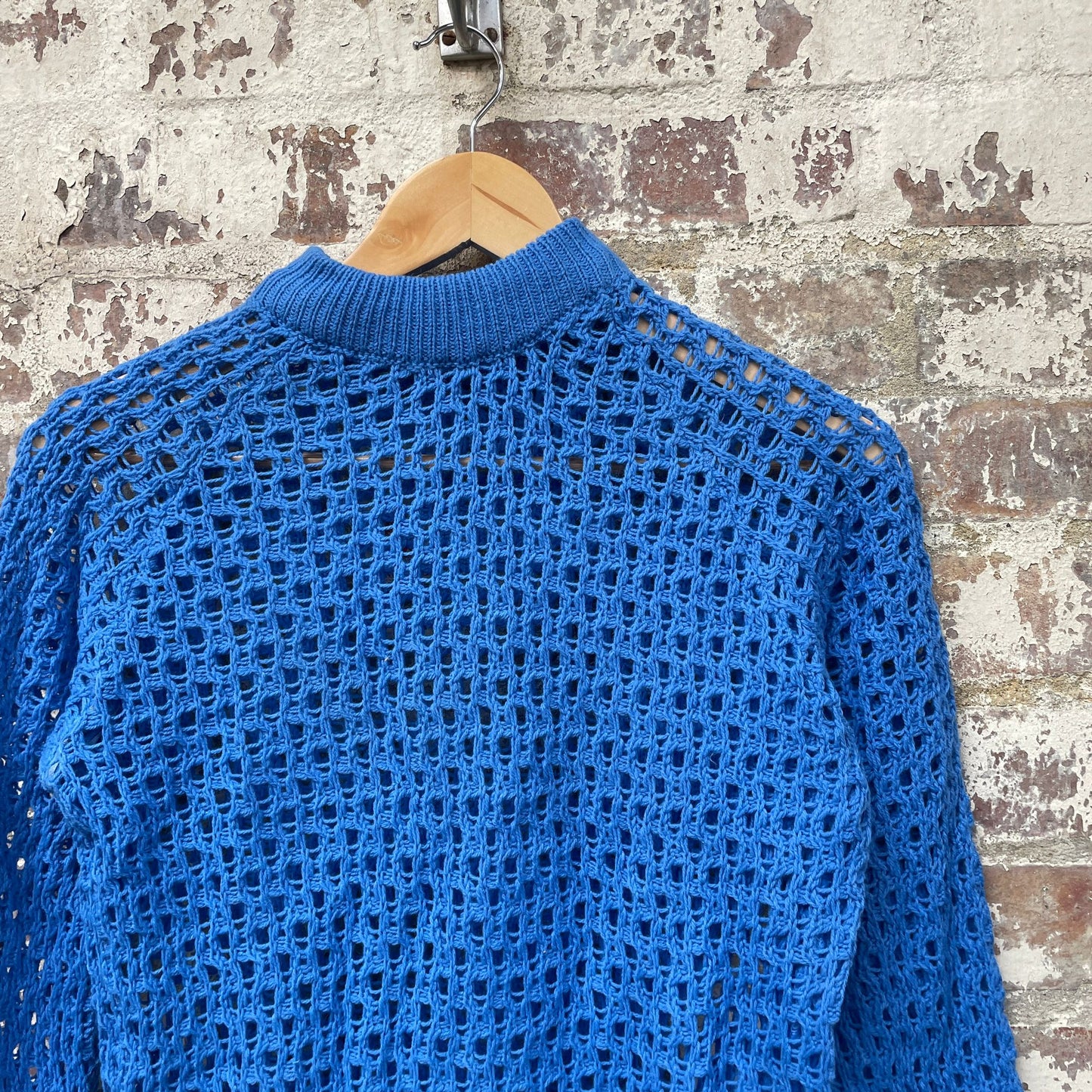 Vintage 1970s 1980s Blue Knitted Crocket Long Sleeve Jumper
