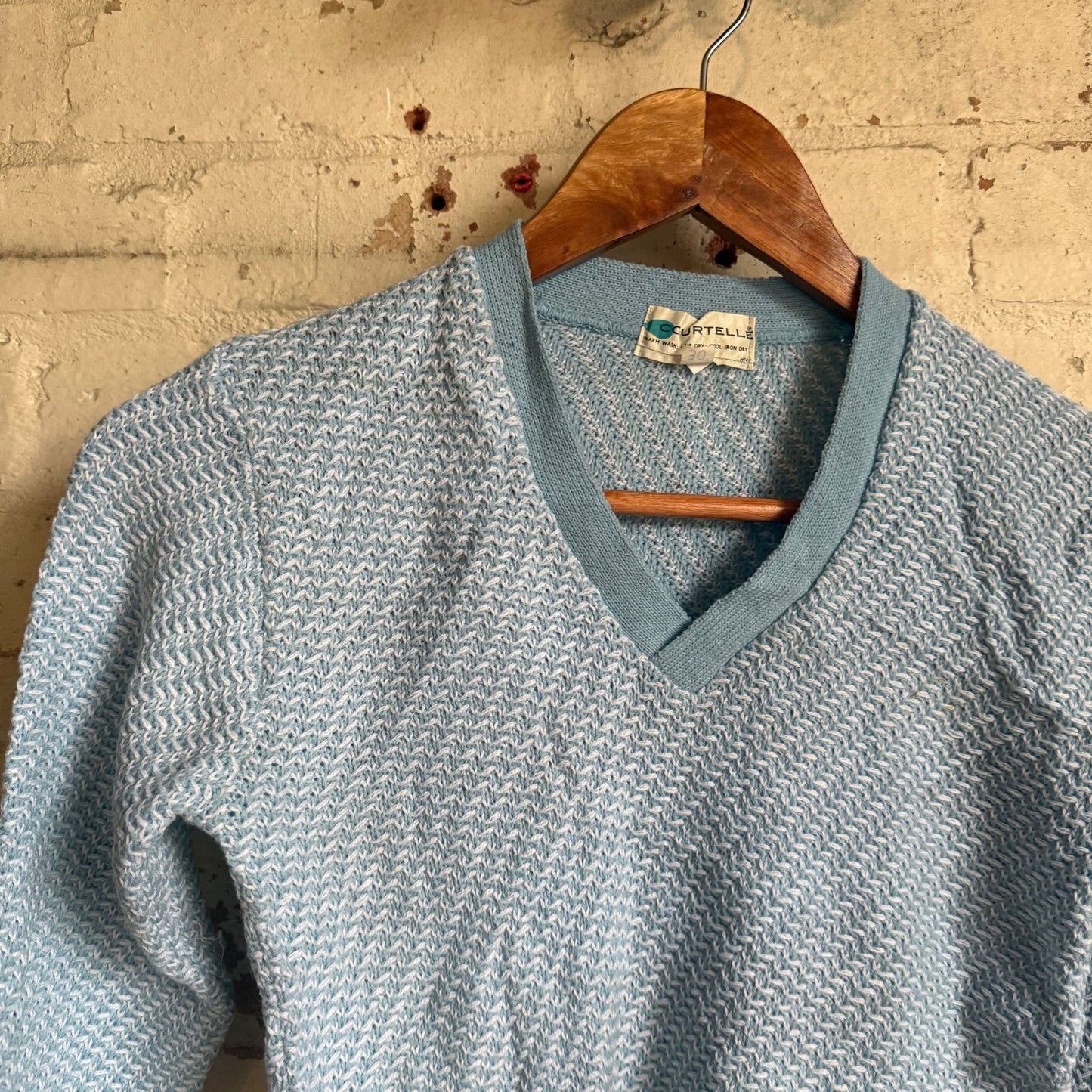 1970s Light Blue Knitted V-Neck Jumper