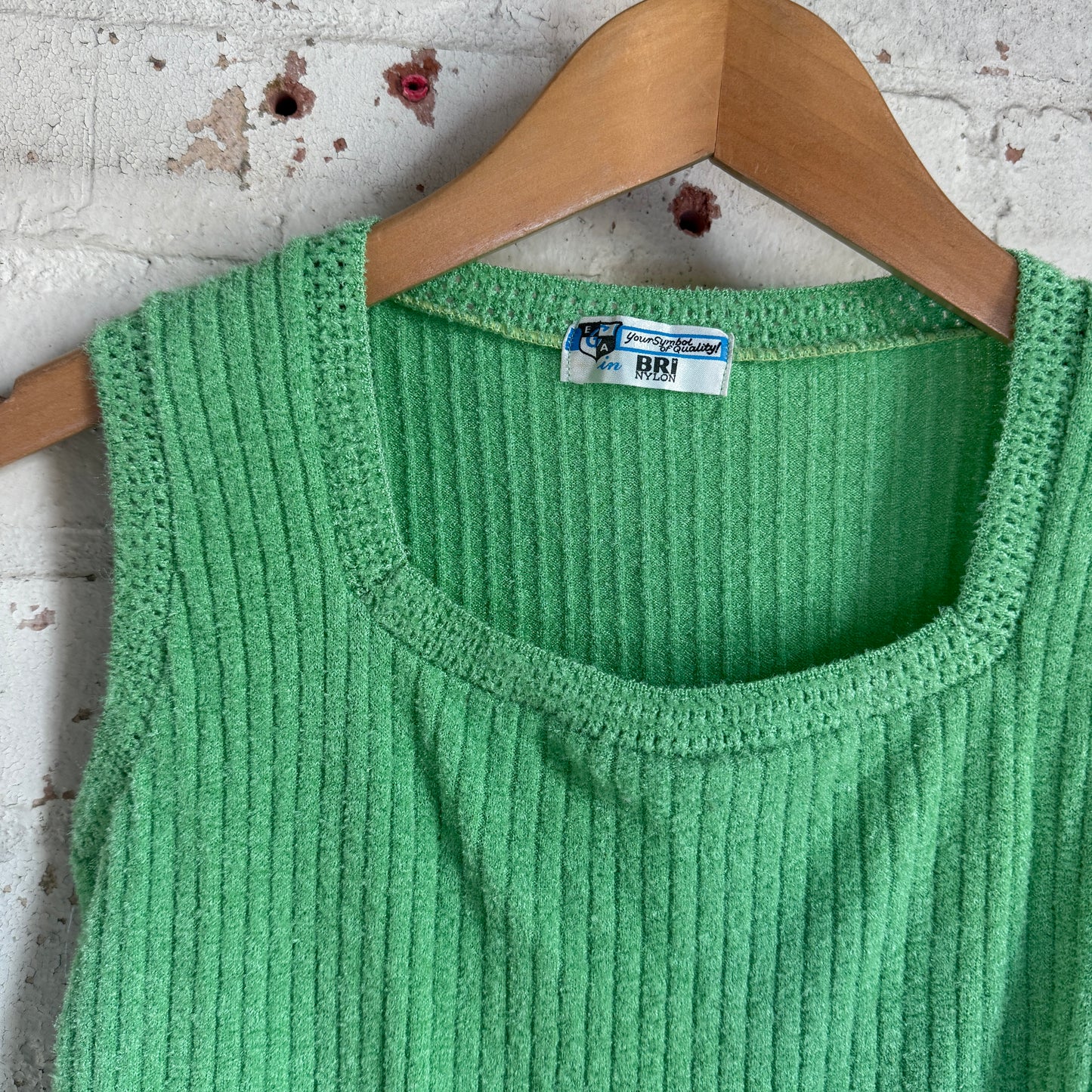 1970s Green Knitted Tie Waist Tank Top Jumper