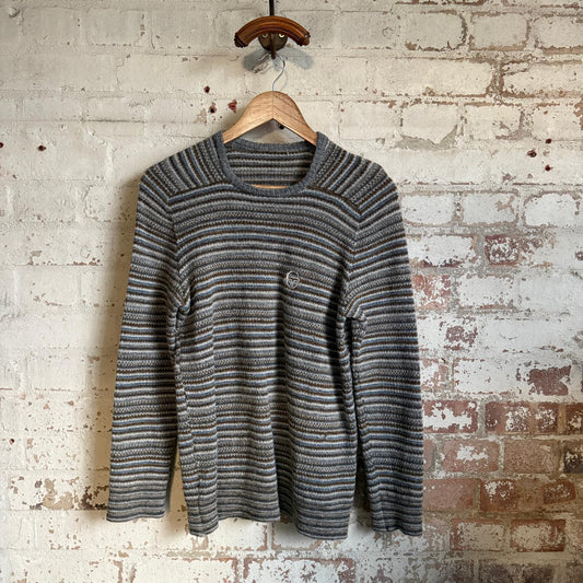 1980s Grey Striped Sergio Tacchini Knitted Jumper