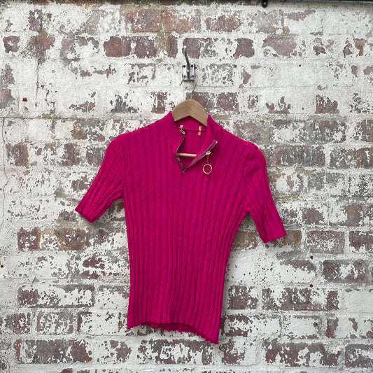 Vintage 1970s 1980s Hot Pink Zipped Knitted Shirt