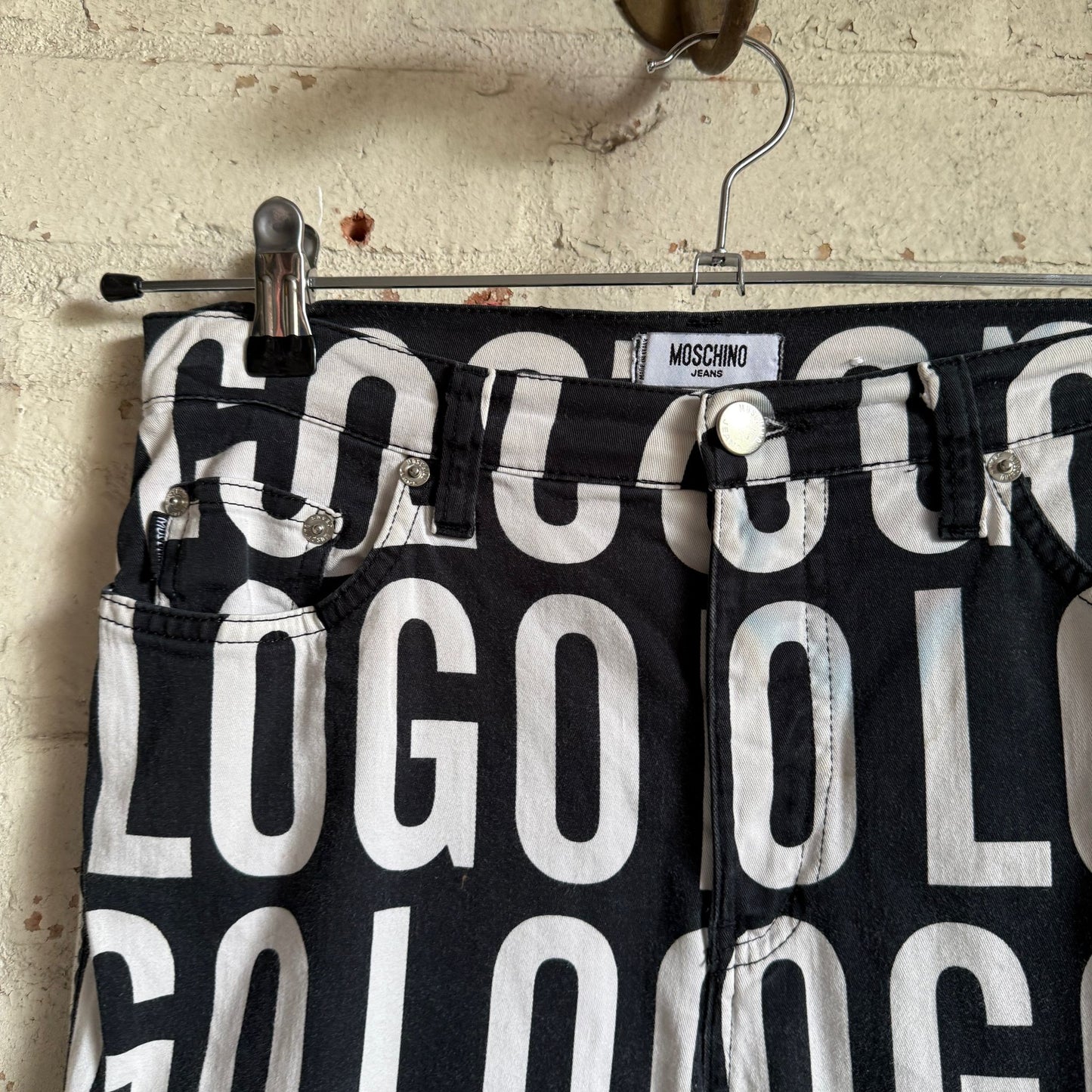 1990s Moschino Print 'Logo' Trousers