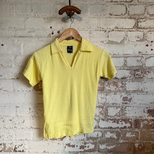 1970s Yellow Waffle Knitted British Polo Shirt Top