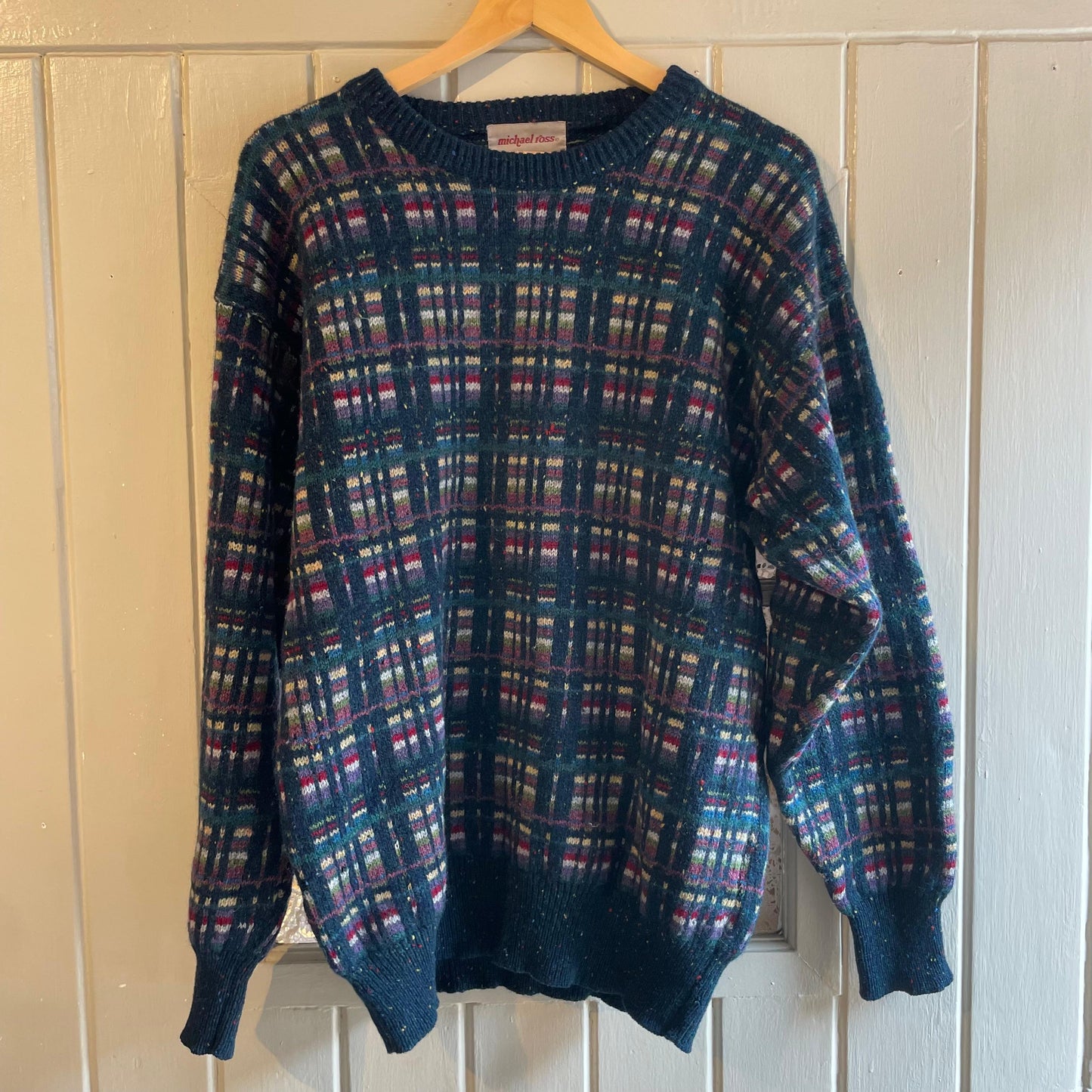 1980s Turquoise Patterned Michael Ross Knitted Jumper