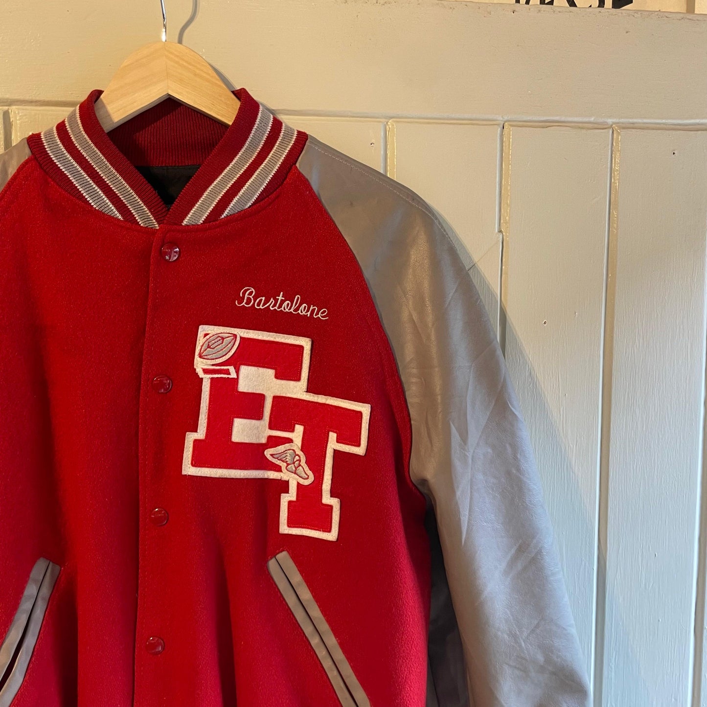 1980s Red and Grey Wool Leather Varsity Bomber Jacket