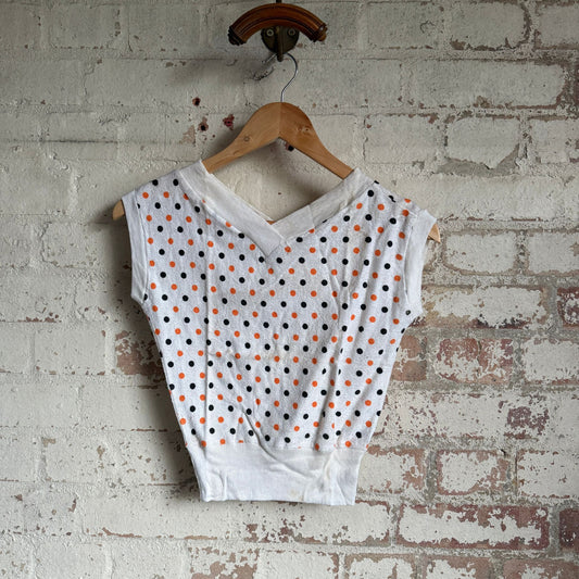 1950s White Polka Dot Towelling Vest Blouse