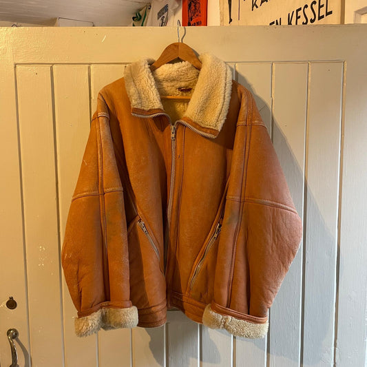 1970s Orange Leather Shearling Flight Bomber Coat