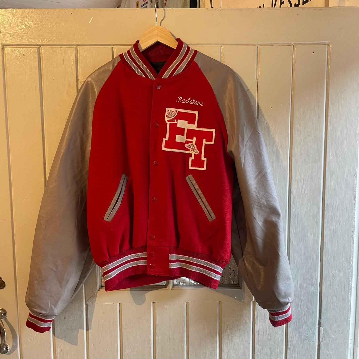1980s Red and Grey Wool Leather Varsity Bomber Jacket