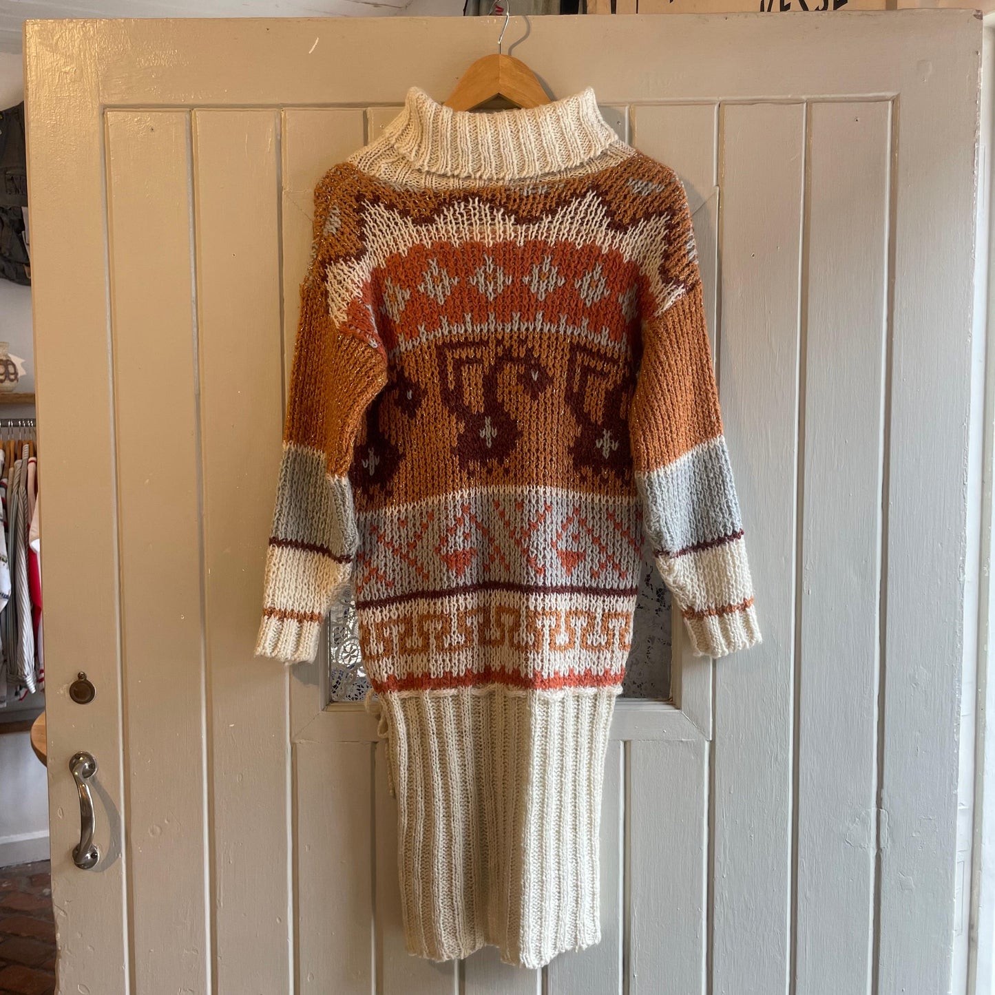 1970s Cream Knitted Patterned Turtle-Neck Dress