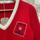 Vintage 1970s 1980s Red Knitted V-Neck Graphic Jumper