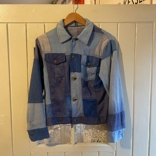 1970s Blue Patchwork Denim Trucker Jacket Coat