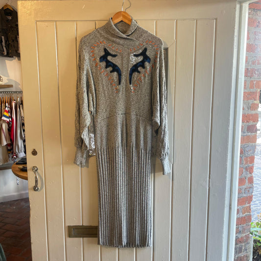 1970s Unusual Grey Design Knitted Long Shawl Collar Dress