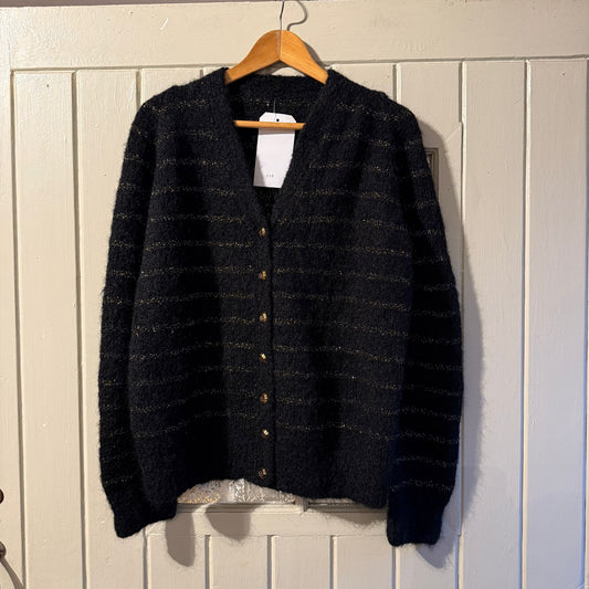 1970s Black Mohair Knitted Striped Cardigan Jumper
