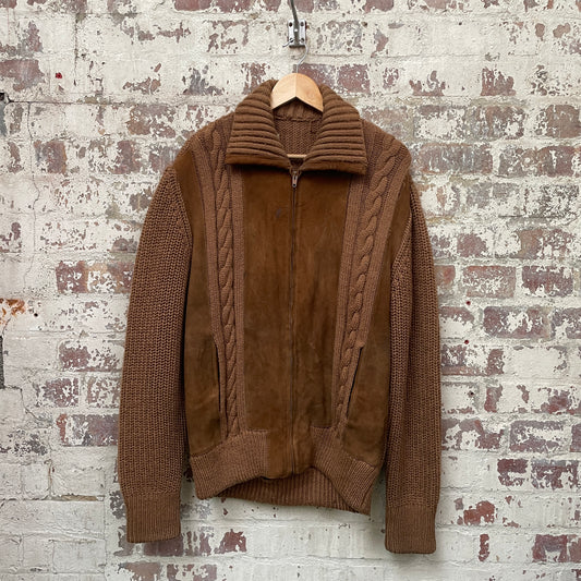 Vintage 1970s 1980s Suede Knitted Cardigan Jumper