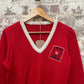 Vintage 1970s 1980s Red Knitted V-Neck Graphic Jumper