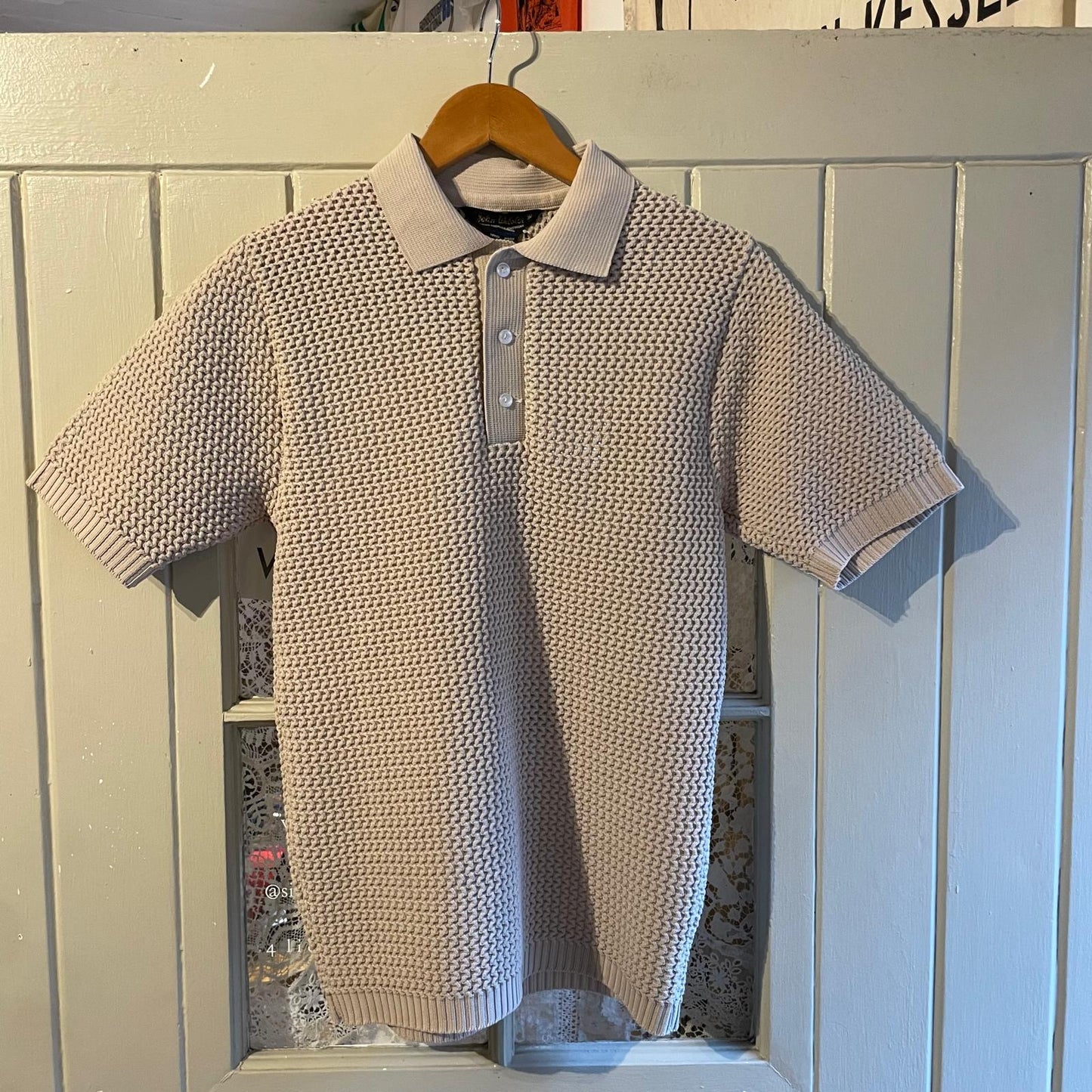 1970s Beige Netting Knitted Polo Shirt Top