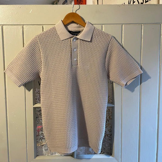 1970s Beige Netting Knitted Polo Shirt Top