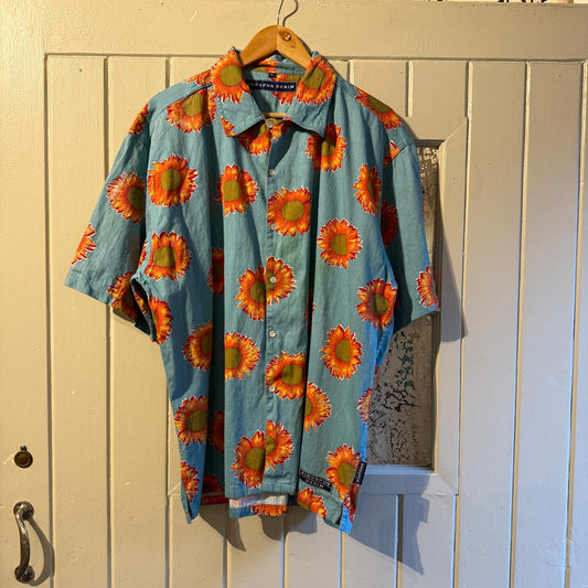 1990s Blue Ringspun Sunflower Print Button Shirt