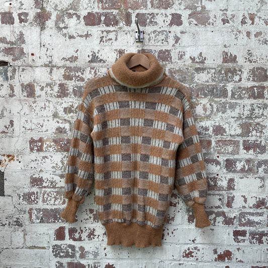Vintage 1970s 1980s Beige Knitted Roll Neck Scottish Jumper