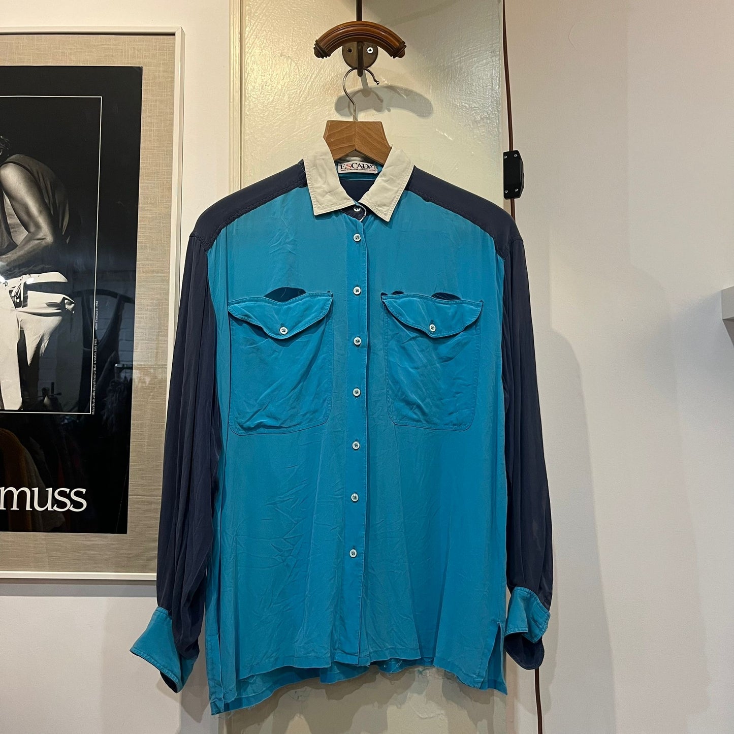 1970s Escada Blue Silk Button Up Shirt