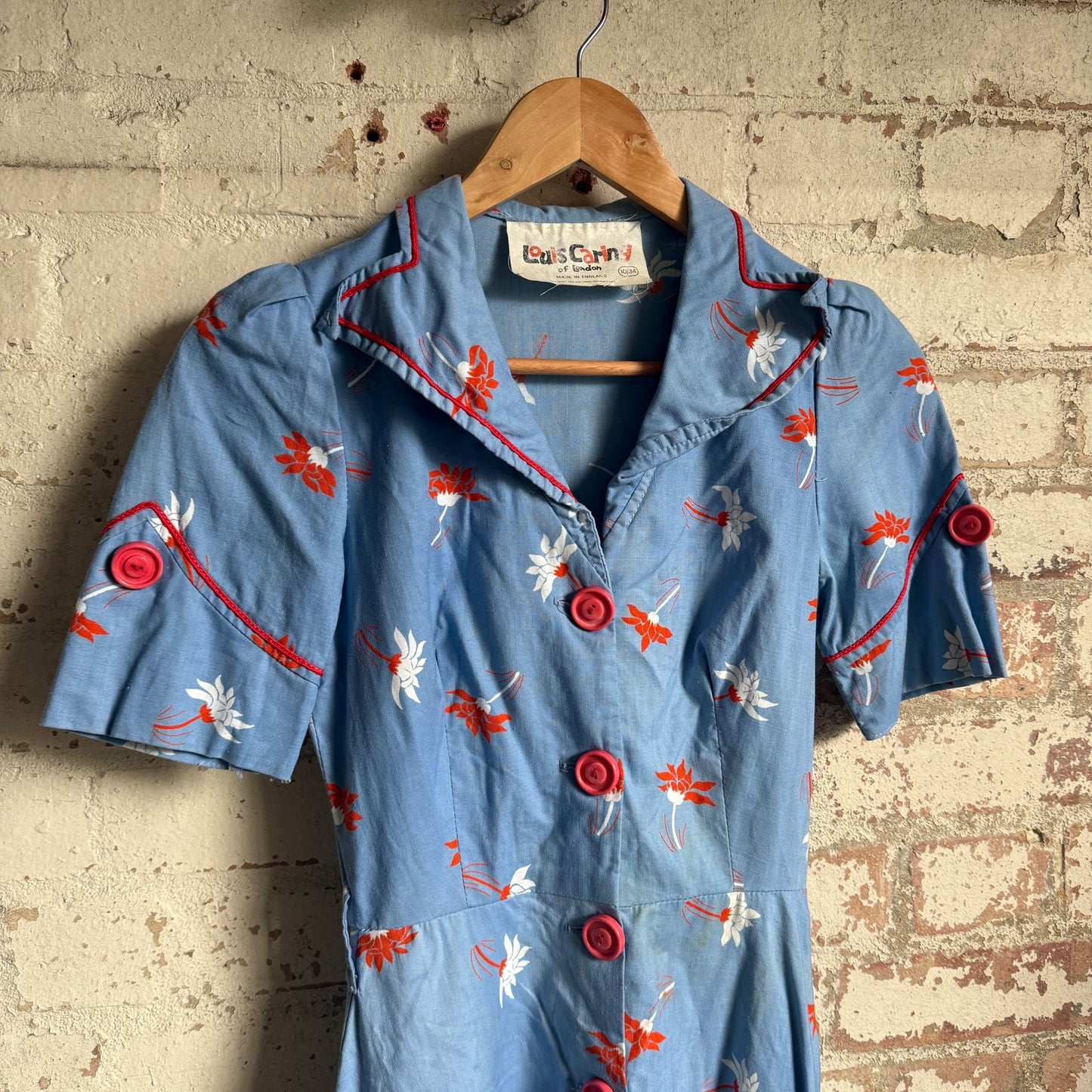 1970s Blue Louis Caring Red Floral Print Cotton Dress