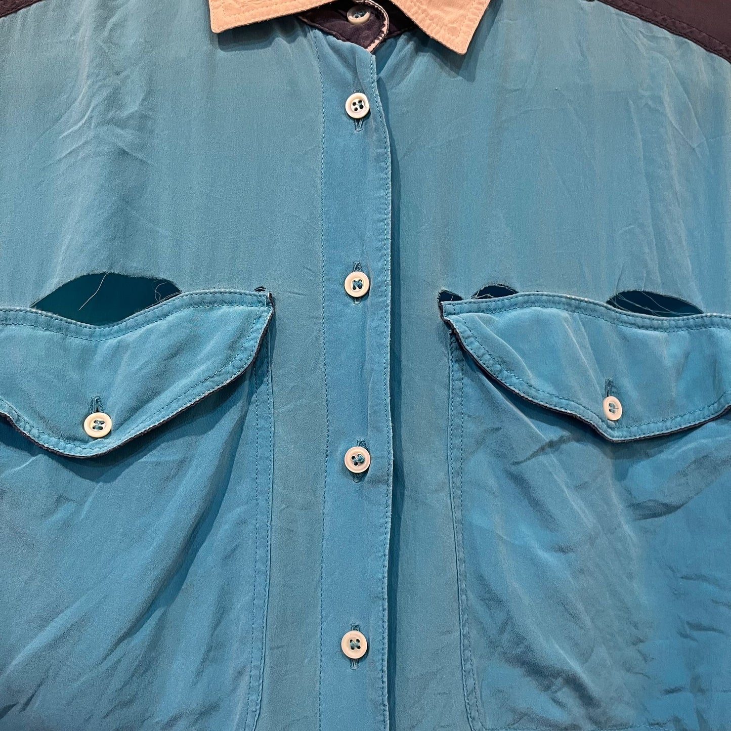 1970s Escada Blue Silk Button Up Shirt