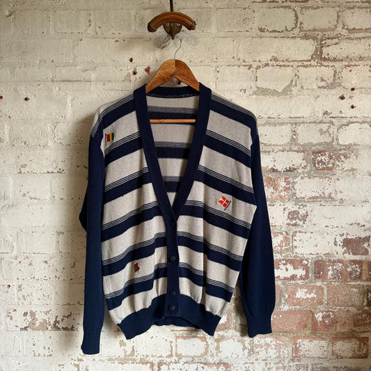 1980s Navy and Beige Striped Cardigan Jumper