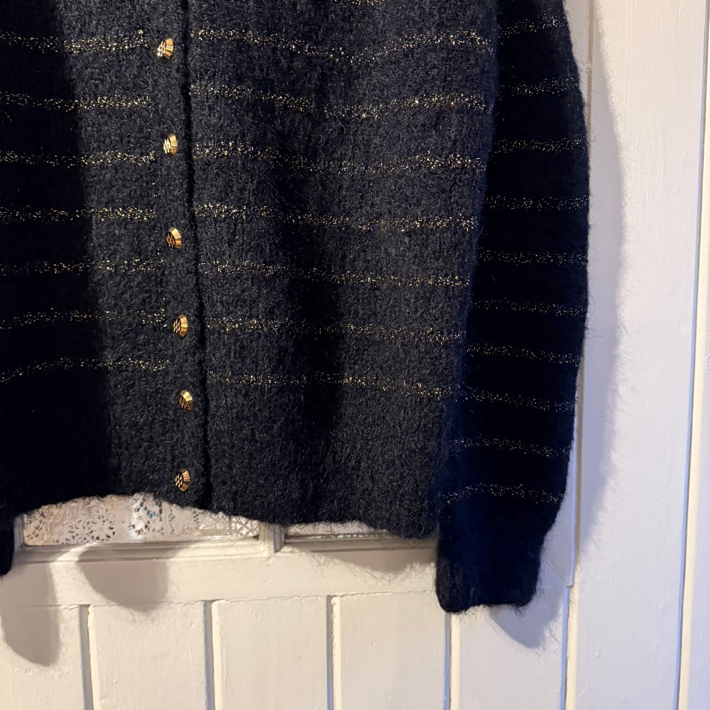 1970s Black Mohair Knitted Striped Cardigan Jumper